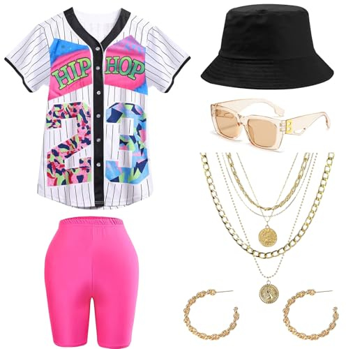 BITOYO 80er 90er Jahre Outfit für Damen, Unisex Hip Hop Baseball Trikot Yoga Leggings Bucket Hat Brille Goldkette Ohrringe 80er Jahre Accessoires für Carnival Weihnachten