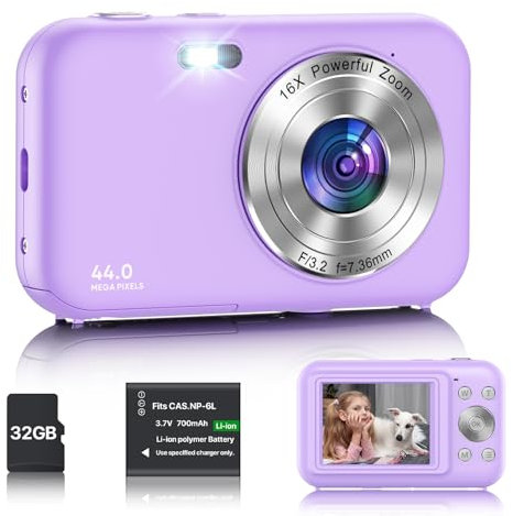 Digitalkamera, Fotokamera Kompaktkamera mit 32GB Karte, 1080P 44MP Kamera Fotokamera mit 16X Digitalzoom und 1 Batterien, 2.4” LCD Kamera für Kinder, Teenager, Anfänger (Lila)