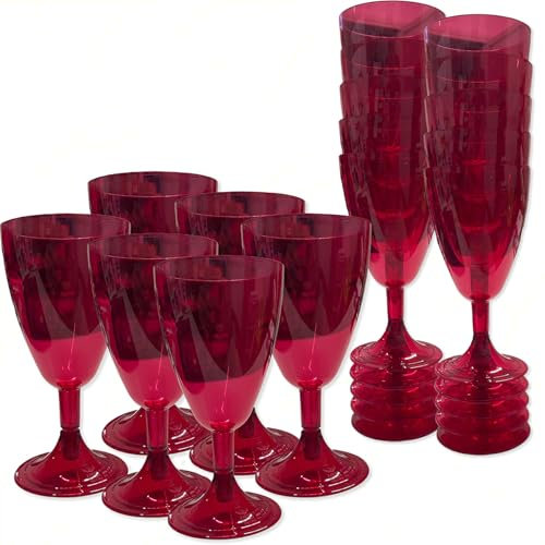 Sicignano | Set 18 Calici Flute 20 cl in Plastica Rossa, Trasparente, Impilabili, Lavabili in Lavastoviglie – Design elegante, Salvaspazio, Riutilizzabili – Perfetti per Feste Cene Eventi