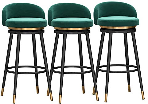 Farmhouse Barhocker für die Küche, Frühstück, Barhocker, 3er-Set, Thekenhöhe, Drehhocker mit Rückenlehnen, 360° drehbar, Samtsitz, schwarze Metallbeine, grün, 75 cm Höhe