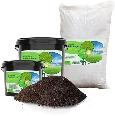 100% Pflanzlicher Bio Rasendünger Frühjahr 7kg - Kaliumreich, Staubarmes Granulat - gesunder Rasen verdrängt Moos, Ideal für Frühjahr und Sommer - Ideal für Streuwagen