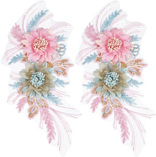CABODYALS 2 Stück Rosa 3D Blumen Pailletten Stickerei Applikationen Spitzen Fleur Blumenapplikationen Florales Patches Flicken Stoff Aufkleber Zum Aufnähen Auf Zum Nähen Basteln Kleidung Reparatur