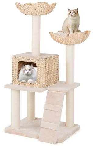 COSTWAY Arbre a Chat Bois 122 cm, Arbre a Chat Design, 4 Griffoirs Chat en Sisal, 4 Plateformes, Condo en Quenouille Tressée, Échelle, Grand Arbre à Chat, Coussins Amovible, Tour pour Chat à 4 Étages