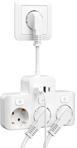 Verteilersteckdose 3-Fach, Steckerleiste mit 3 USB, Doppelstecker für Steckdose, Weiß