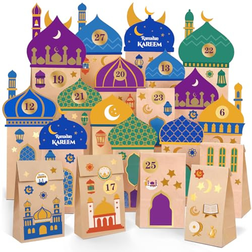 Gaeymy 30 Ramadan Kalender Ramazan Geschenktüten, DIY Ramadan Kareem Deko Kinder mit Aufkleber, Eid Mubarak Dekoration Set Wohnzimmer Ramadankalender zum Befüllen Laterne Sticker Kraftpapier Tüten