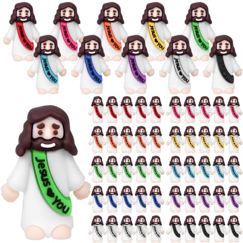 WWmily 50 Pcs Mini Jesus Figures Jesus Loves You Religious Little Cute Miniature Tiny Rubber Figures Doll Church Favors for Hiding for Easter Egg Sunday School Baptism Activities Party Supplies