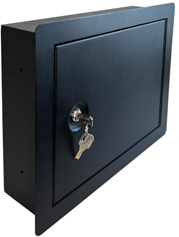 In-Wall Safe with Key Lock – Heavy-Duty Steel Lockable Hidden Wall Compartment for Secure Storage, Wall Safe Box for Jewelry, Cash, and Documents – 15.75-Inch Exterior Width, Black