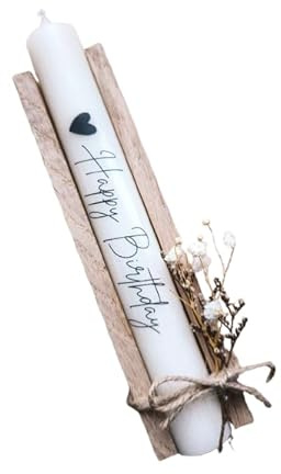 Happy Birthday - Stabkerze mit Spruch - Geschenkset - Kerze mit Text - Trockenblumen - in Holzbox Holzverpackung - Geburtstag - Geschenk - Mitbringsel