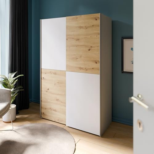 FORTE Schach & MATT Kleiderschrank 120, Moderner Schrank mit Schachbrettmuster, Schwebetürenschrank, Holzwerkstoff, Artisan Eiche Dekor mit Weiß, 120,1 cm breit, 190,5 cm hoch, 61,2 cm tief