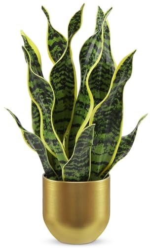 Hollyone 43CM Artificial Snake Plant in Gold Pot, Fake Potted Plant for Table, Yellow and Green Faux Sansevieria for Home Decor, Kitchen, Bathroom, Living Room, Shelf Decorations