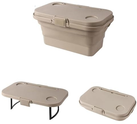 GreatRise Cesta de picnic plegable para camping, caja de almacenamiento con mesa, portátil, de plástico, con tapa, multifuncional, para camping, senderismo, barbacoa, pesca, color caqui
