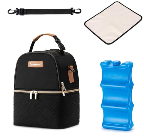 Docami Breastmilk Cooler Bag with Ice Pack & Mat Fit 6 Bottles Up to 9 Ounce, Breast Milk Pump Cooler Bag for Moms Daycare,Work&Travel, Black