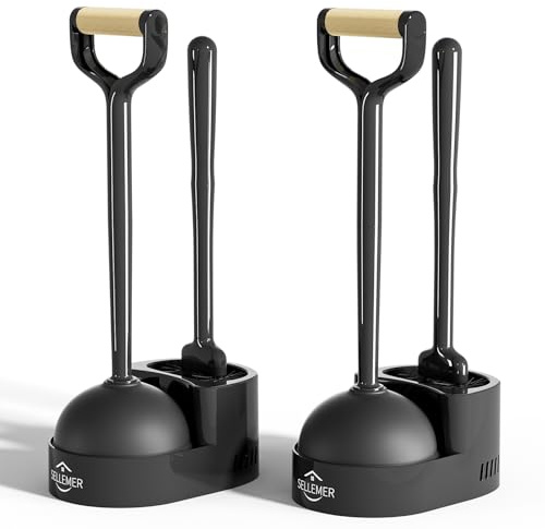 Sellemer Toilet Brush and Plunger Set, Curved Design Head for Deep Cleaning, Heavy Duty Toilet Bowl Brush and Plunger Combo with Holder for Bathroom Cleaning, Black, 2 Pack