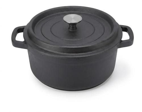 Cast Iron Pot 24cm, Pentola in Ghisa Non Smaltata con Doppia Maniglia, Fondo Piatto per Zuppe e Stufati - Distribuzione Calore Uniforme, Multiuso per Arrosti e Fritture
