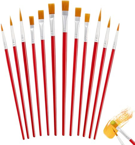 ATTEEFI Pinselset, 12 Stück Acrylpinsel, Rot Dünne Pinsel, Spitz und Flach Haarpinsel Set, für Aquarell-, ölmalerei, Gouache oder Bastelarbeiten