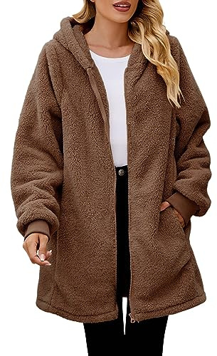 Ladies Long Fleece Jackets Full Zip with Hooded, Warm Teddy Fleece Longline Hoodie with Pockets, Ladies Soft Plush Long Coat for Winter, Outdoor thermal Jackets for Women, Cosy Zip Up Teddy Hoodie