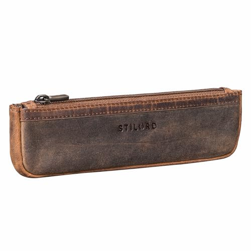 STILORD Kane Schmales Stifteetui Leder Braun mit Reißverschluss - Kleines Mäppchen Echt-Leder Etui Vintage Stiftemäppchen Kompakt Federmappe Klein für Büro, Schule, Uni