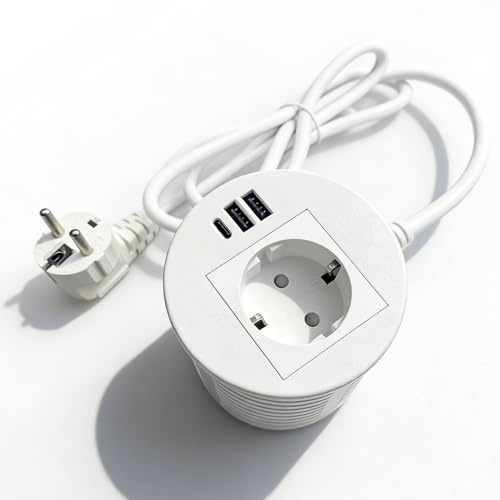 BAIFULAI Inbyggd strömbrytare med USB, skrivbordsuttag för 80 mm bordsöppning, strömuttag med 1 uttag, 2 USB-A-anslutning, 1 USB-C-anslutning och 1,7 m nätsladd, inbyggd strömbrytare skjutbar