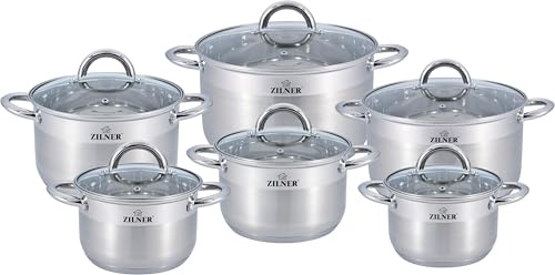 ZILNER Topfset 12-teilig, Edelstahl mit Glasdeckeln, alle Herdarten, Silber | Edelstahl Kochtopf Set, Töpfe mit Glasdeckel für Induktion, Gas, Ceranfeld, Kochset 12-teilig, Silber