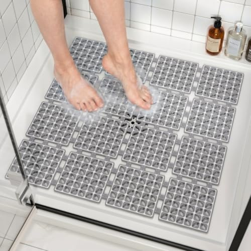 HITSLAM Duschmatte rutschfest, 60x60cm Zuschneidbare Geruchslose Weiche TPE Badewannenmatte, Badematte mit Saugnäpfen-100% BPA-frei, schimmelresistente Antirutschmatte für die Dusche, Dunkelgrau