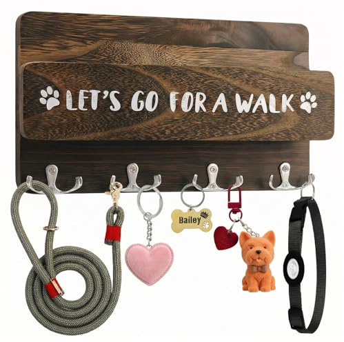 CECOMBINE Hundegarderobe mit Ablage, Hunde Garderobe mit 8 Haken für Ordnen von Leinen und Zubehör, Wandhaken für Hundeleine, Hölzerne Hundeleinen Halterung Wand für Eingänge, Flure, Küchen, Braun