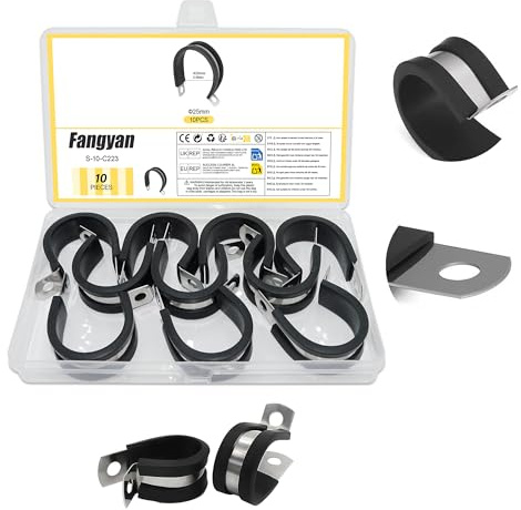 Fangyan 10 Pack 25mm 304 Stainless Steel Rubber Lined P Clips, Anti-Vibration Pipe Clamps for Hose, Cable, Tube, Automotive, Marine & Home DIY Use