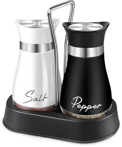 Salz und Pfefferstreuer Set, Salzstreuer Gewürzflaschen Klein aus Glas und Edelstahl, Gewürzstreuer Küchenzubehör, Gewürzflaschenbehälter Schwarz Weiß für Küche, Unterwegs, Wohnmobil, BBQ Nachzufüllen