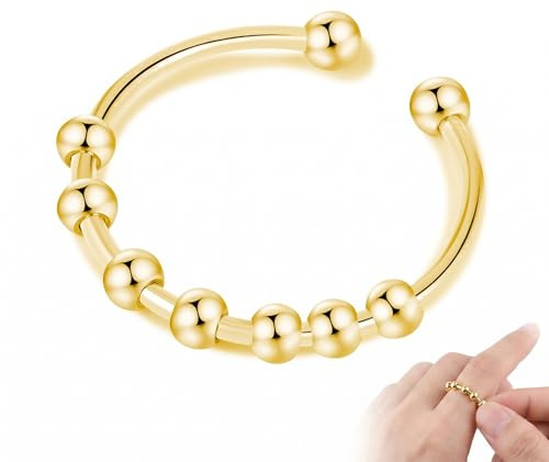 Bague Anti Stress Femme en Acier Inoxydable Doré, Anneau Anti-Anxiété Ajustable avec Perles Rotatives, Bijou Relaxant Réglable pour Soulager le Stress, Pochette en Velours Incluse