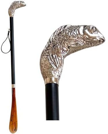 DELFA Design Schuhanzieher Schuhlöffel 70 cm mit silbernem Koi als Griff - schwarzer Holzschaft mit Schlaufe - die elegante Anziehhilfe
