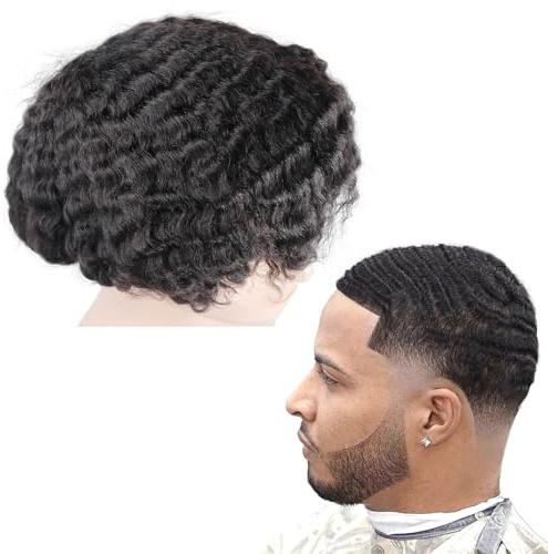 lumeng Mens Afro Toupee Translucent French Lace Man Wave Unit 1B# Off Black Mens Wig 10MM Wave 360 Toupee Hairpiece 100% Human Hair System cutable 8x10inch