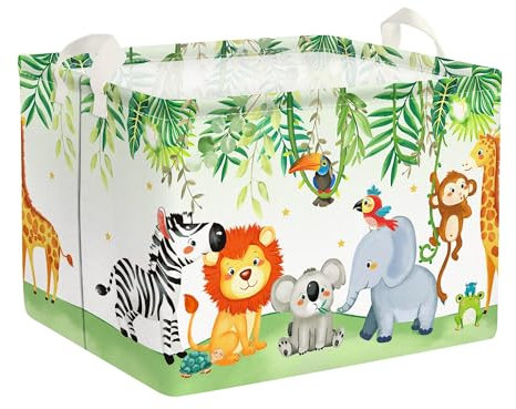 Clastyle Forest Animal Baby Laundry Hamper Collapsible Leaf Clothes Kids Storage Basket Waterproof Boys Girls Toy Box for Nursery Room, Lion Koloa Elephant, 40 * 30 * 30 cm
