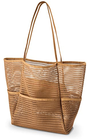 Beach Bag for Women Holiday Essentials Large Mesh Tote Bags with Zip Pocket, Summer Casual Personalised Shoulder Bag,Reusable Foldable Shopping Bag,Ladies Bag for Picnic Pool Gym Travel Grocery