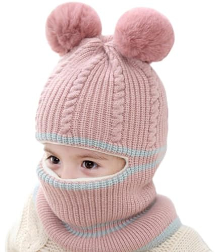 Baby Wintermütze Mütze und Schal Set Bommelmütze Strickmütze mit Pompom Kinder Schalmütze Fleecefutter Strickmütze Thermische Kapuzenschal für Jungen Mädchen 2-5 Jahre