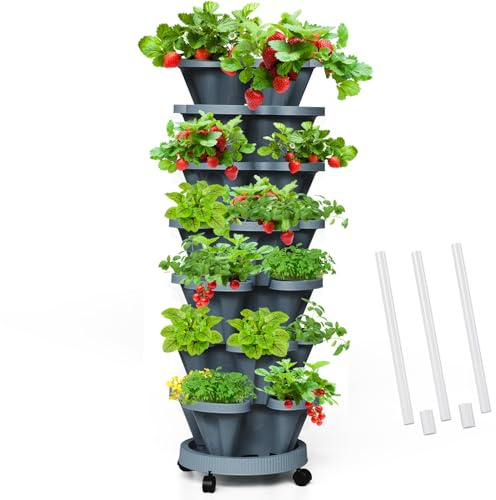 Tectsia Strawberry Vertical Planters Tower Garden, 7 Tiered Stacking Herb Vegetable Planter with Support Pole Indoor and Outdoor - Dark Grey