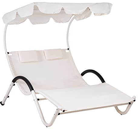 Hortan Lettino Ondulato 2 Posti Con Struttura Prendisole In Acciaio, Seduta Ergonomica In Tessuto Textilene e Tetto Parasole Per Arredo Giardino, Terrazzo e Piscina