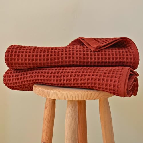 PÜSKÜL - Confezione da 2 asciugamani da bagno e spa in waffle - Premium 100% cotone biologico turco - Asciugamano da bagno sottile ad asciugatura rapida per il bagno - Prodotto in Turchia (Mattone