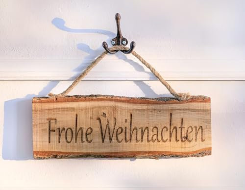 Dekoleidenschaft Holzschild Frohe Weihnachten aus Eiche mit Rinde, rustikal, 35x12 cm, Wanddeko mit Schriftzug zum hinhängen, Holz Wandschmuck, Wandbild, Türschild, Eingangsdeko, Fensterschmuck