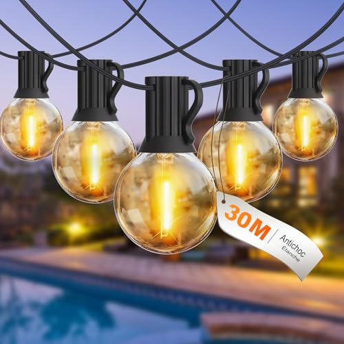 BRIMAX 30M LED Lichterkette Aussen, AC220-240V Strom, IP44 Wasserdicht, 46+4 G40 1W E12 Birnen, 2200K Warmweiss, Erweiterbare Lampenkette für Camping Weihnachtsmarkt Biergarten Party