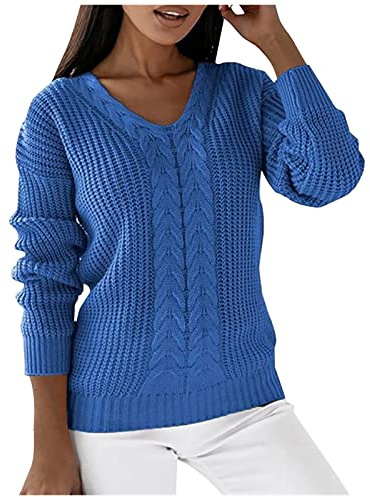 pull femme chic et elegant col v casual pull grosse maille hiver chaud et doux pullover tricoté torsadé à la mode chandail manche longue thermique quotidien couleur unie ideal pull-over (Blue, L)