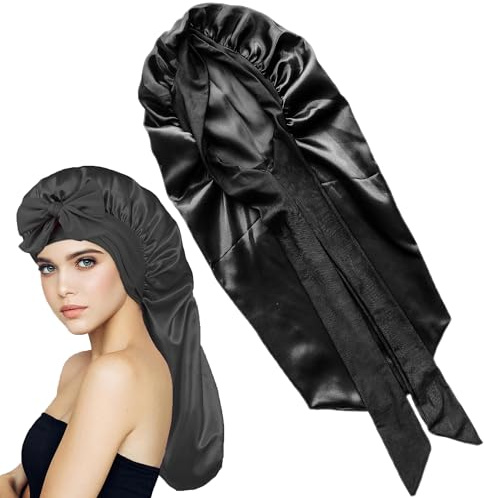 syiyunran Satin Haarhaube Seidenhaube Bonnet - Schwarz, 1 Stück, zum Schlafen Seide Lange Haare Weiche und Bequeme Schlafmütze Schlafhaube Haare Schützen Sleep Cap für die Nacht SträHnchenhaube