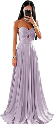 Abito da sera lungo da donna, in raso, senza spalline, da damigella d'onore, a trapezio, con volant., Lilla, XXL