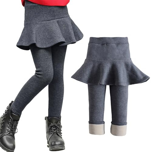 JiAmy leggings för flickor fleecefodrade leggings med volang kjol vinter varm byxkjol för flicka 3-12 år, Mörkgrått, 11-12 År
