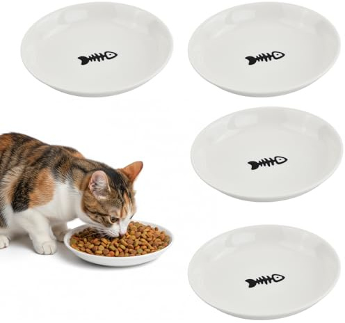 Set di 4 Ciotole per Gatti in Ceramica, Design Piatto e Facile da Pulire, per Cibo e Acqua, per Amanti dei Gatti