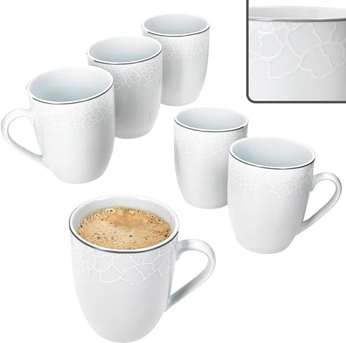 MamboCat Lot de 6 tasses à café Venise - 300 ml - Pour 6 personnes - En porcelaine blanche avec relief aspect galets avec ligne grise - Pour boissons chaudes comme le thé, le cacao, etc