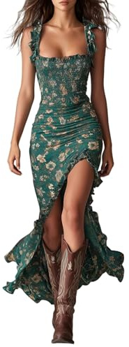 Generisch - Abito avvolgente da donna estivo in stile boho, con spalline, con volant, senza maniche, con spacco laterale, maxi, abito da spiaggia, lungo, abito casual, abito retrò per le vacanze