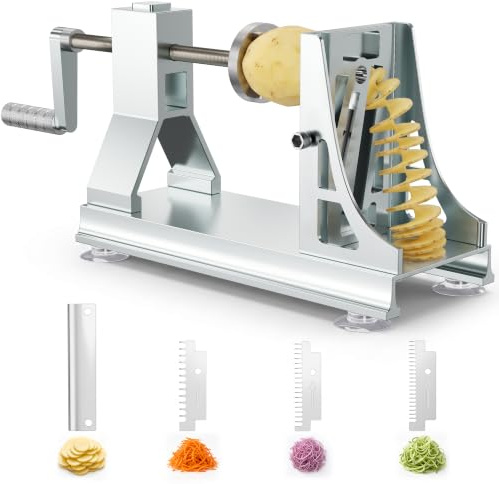 Spiralizzatore per verdure in acciaio inox a 4 lame, affettatrice a spirale professionale per patate, carote e cetrioli formato spaghetti, con base a forte ventosa e tecnologia antiscivolo (Grigio K)