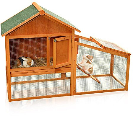 Melko Hasenstall Kleintierhaus mit Freilaufgehege, ca. 100 x 145 x 65 cm, aus Holz, Inkl. Rampe + Schublade, abnehmbares Dach