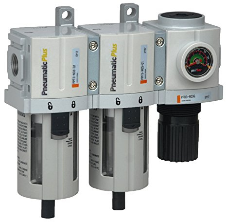 PneumaticPlus PPC3C-N02G Compressed Air Drying System- Particulate Air Filter, Coalescing Filter & Air Pressure Regulator Combo 1/4 NPT (High Flow), Poly Bowl with Guard, Manual Drain