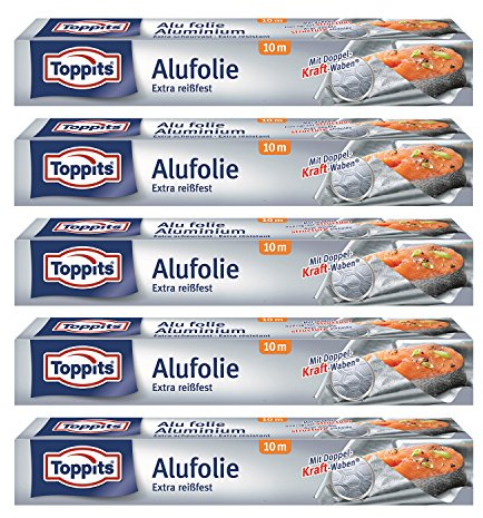 Toppits Aluminiumfolie med vaxkakestruktur och dubbel kraft, (10 m x 29,5 cm), 5-pack (5 x 10 meter)
