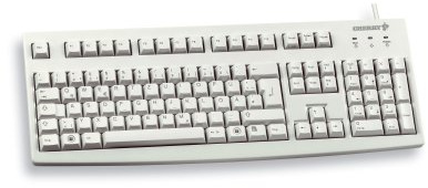 CHERRY G83-6104, Kabelgebundene Tastatur für Industrieanwendungen, EU-Layout (QWERTY), Abriebfeste Tasten, Leicht zu Reinigen, Recyclingfähig, Hellgrau